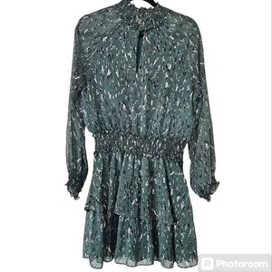 Karlie green smocked waist long sleeve ruffles high neck mini dress size M